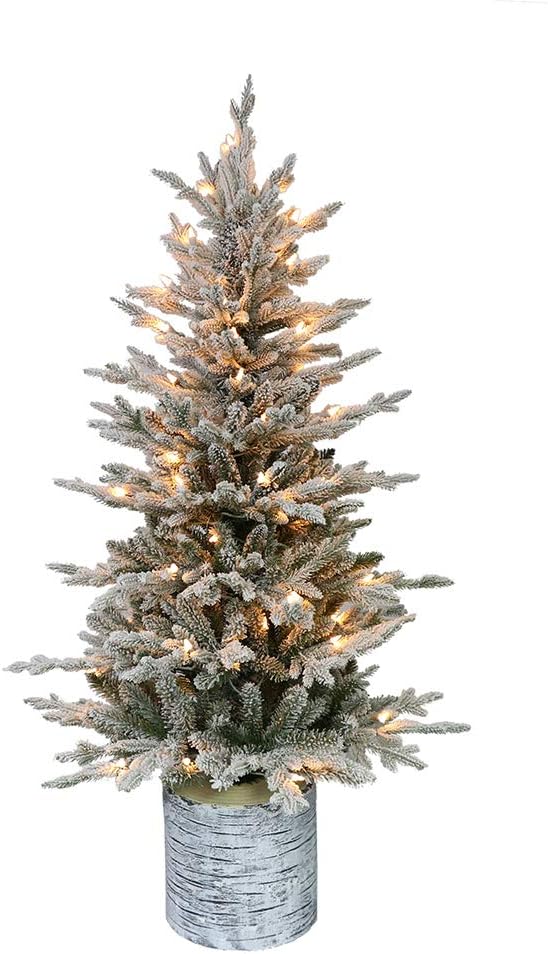 Puleo Global 4.5 Bottom Pre-Lit Potted Flocked Arctic Fir Synthetic Christmas Tree with 70 UL-Indexed Unclouded Lighting