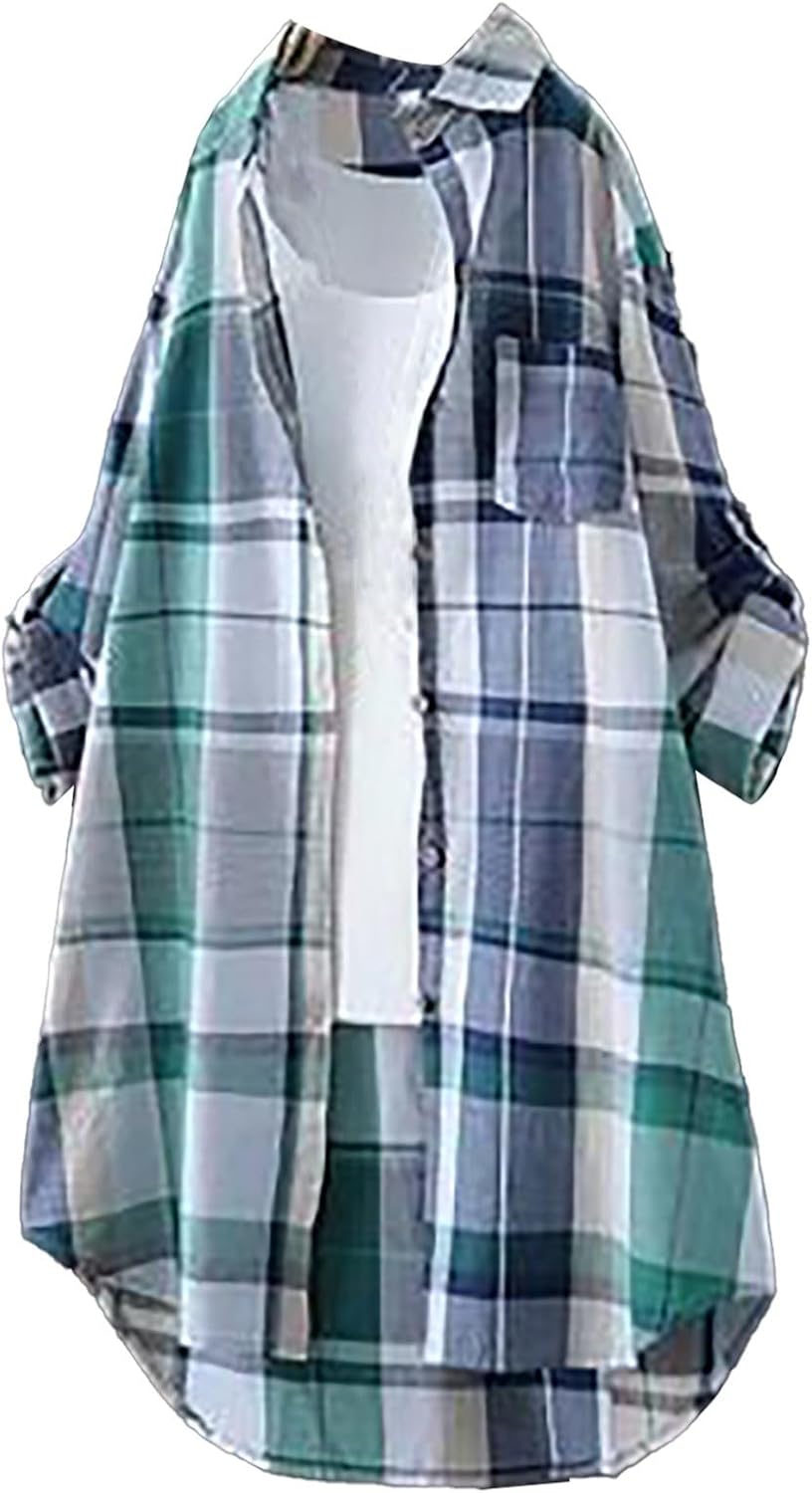 Fall Outfits for Girls 2024,Plaid Shirts Revealed Entrance Roll Up Sleeve Tops Outsized Button Ailing Cardigan