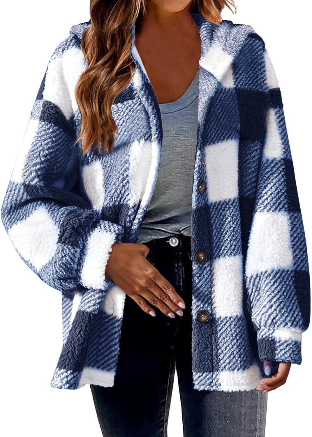 Womens Fuzzy Flannel Jacket Fall Type Sherpa Covered Plaid Shacket Jacket Lengthy Sleeve Button Indisposed Fleece Hoodies