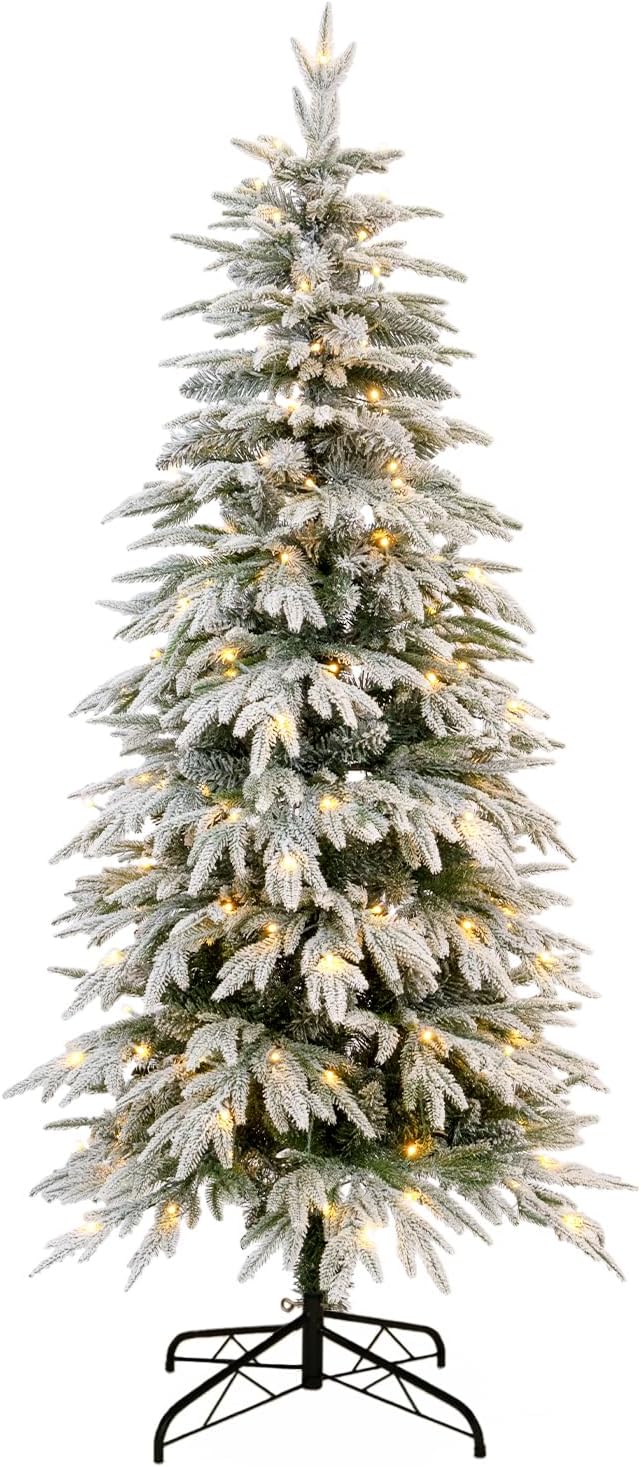 6ft Thin Flocked Christmas Tree Pre-lit w/ 398 Top rate PE&PVC Guidelines, 160 Heat White LED Lighting fixtures, Thin Noble Synthetic Christmas Tree Simple Meeting for House, Nook, Slim Playground