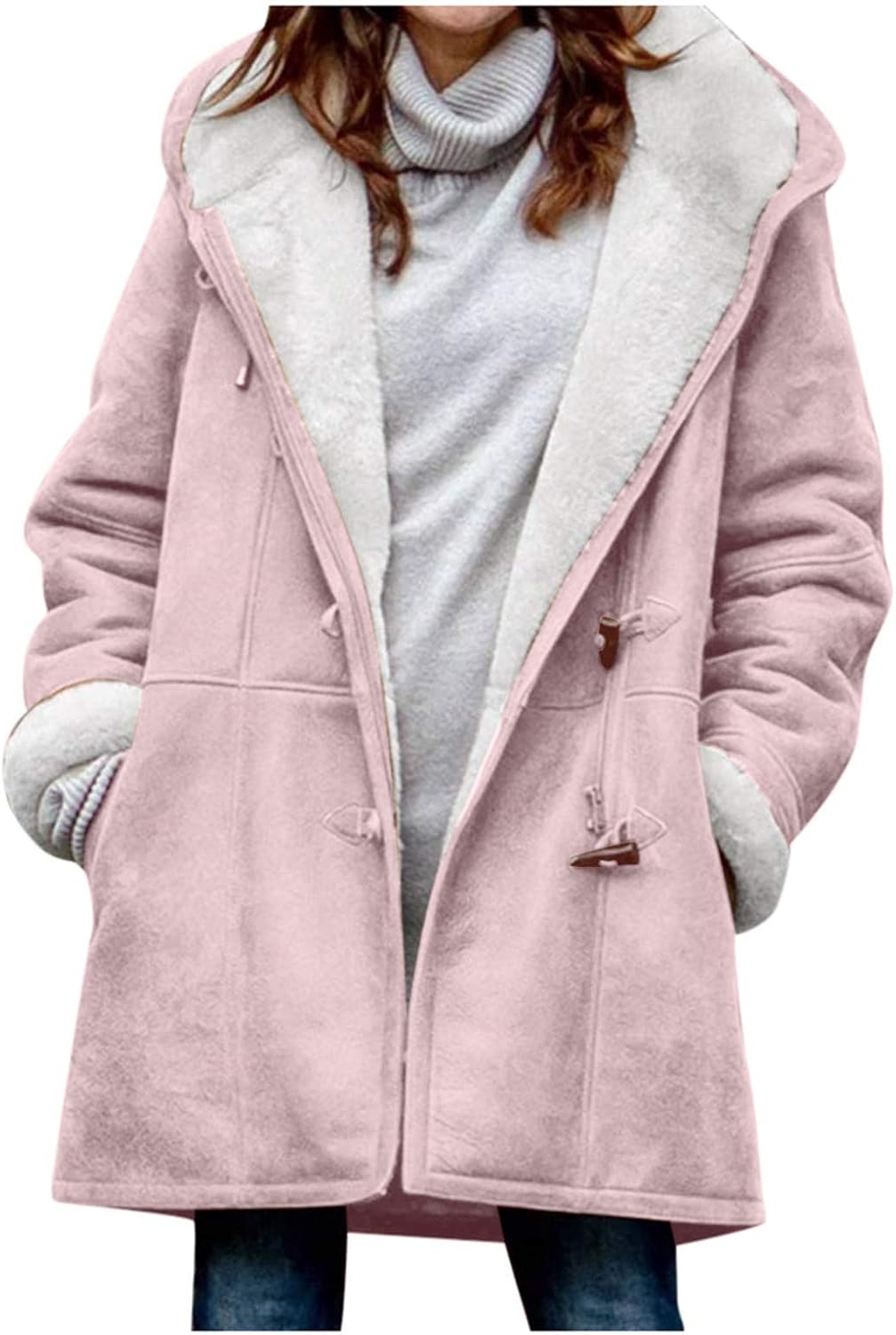 Womens Fleece Coat Outsized cast colour Hooded Jacket Button Ailing Wintry weather Fuzzy Fickle Outwear lengthy coat with Wallet