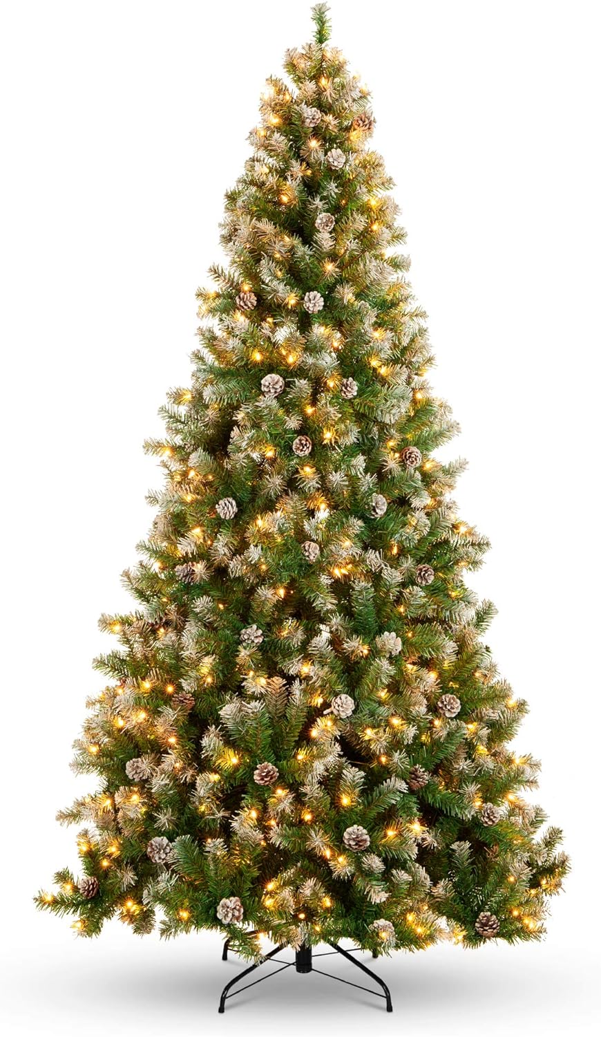 Perfect Selection Merchandise 6ft Pre-Lit Pre-Embellished Pine Hinged Synthetic Christmas Tree w/ 1,000 Flocked Frosted Guidelines, 59 Pine Cones, 250 Lighting fixtures, Steel Bottom