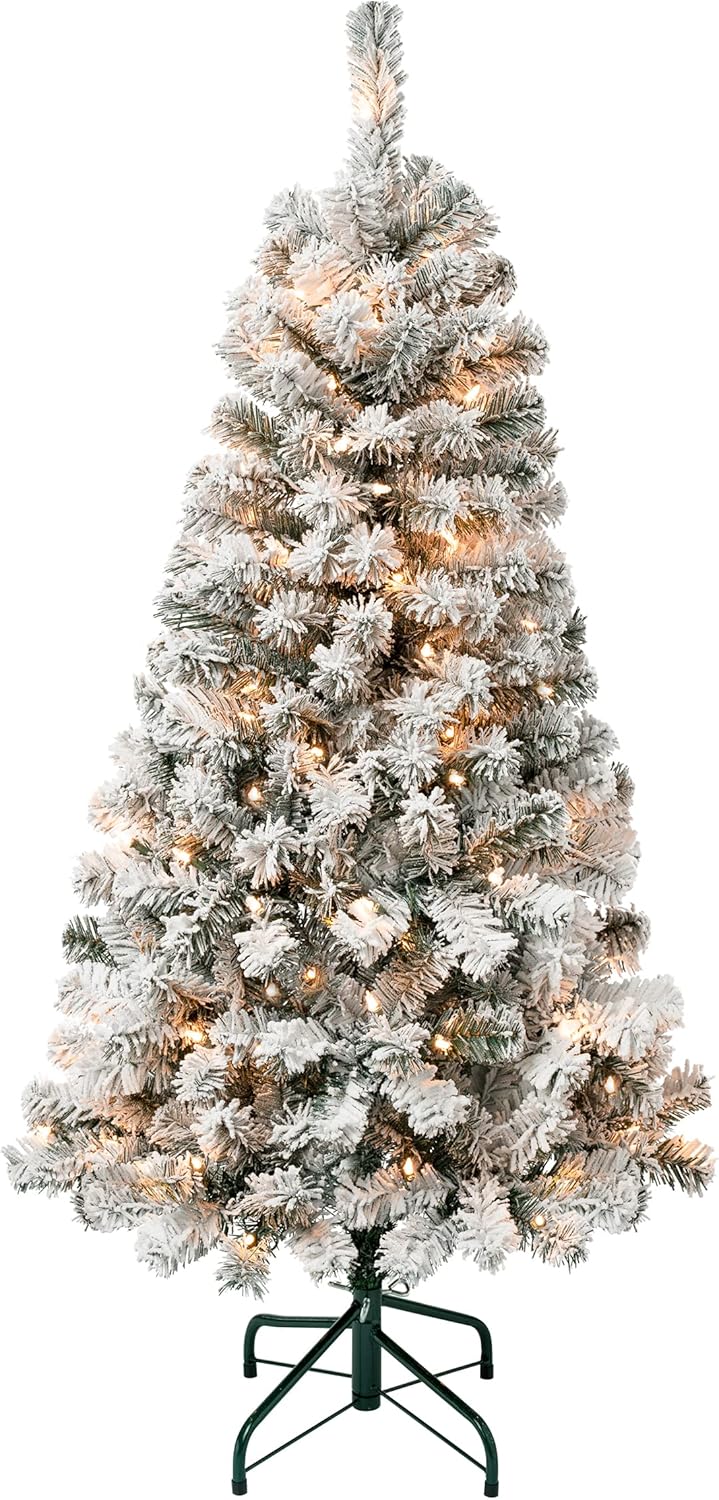 Nationwide Tree Corporate First Traditions Pre-Lit Acacia Flocked Tree Christmas Tree, Unclouded Incandescent Lighting, Plug in, 4.5 feet