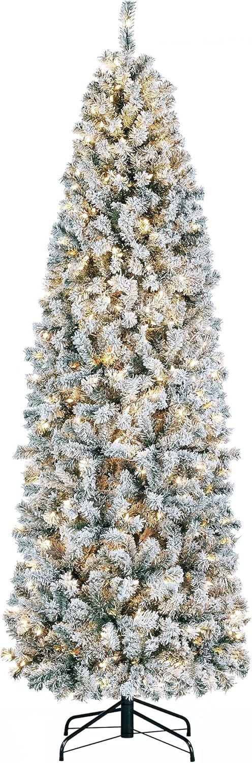 Yaheetech 7.5ft Pre-lit Snow Flocked Pencil Christmas Tree Kingswood Fir Hinged Thin Thin Nook Yuletide Tree with 350 Incandescent Heat White Lighting & 1086 Snow Area Guidelines, White