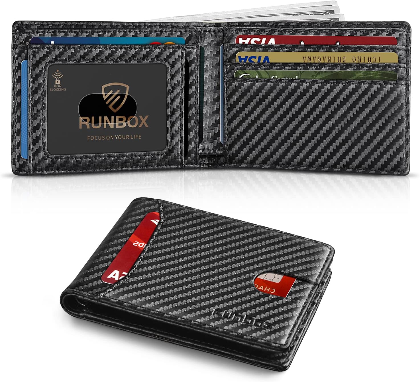 RUNBOX Pockets for Males Thin 11 Credit score Card Holder Slots Leather-based RFID Blocking off Miniature Slim Males’s Pockets Bifold Minimalist Entrance Patch Immense Capability Reward Field