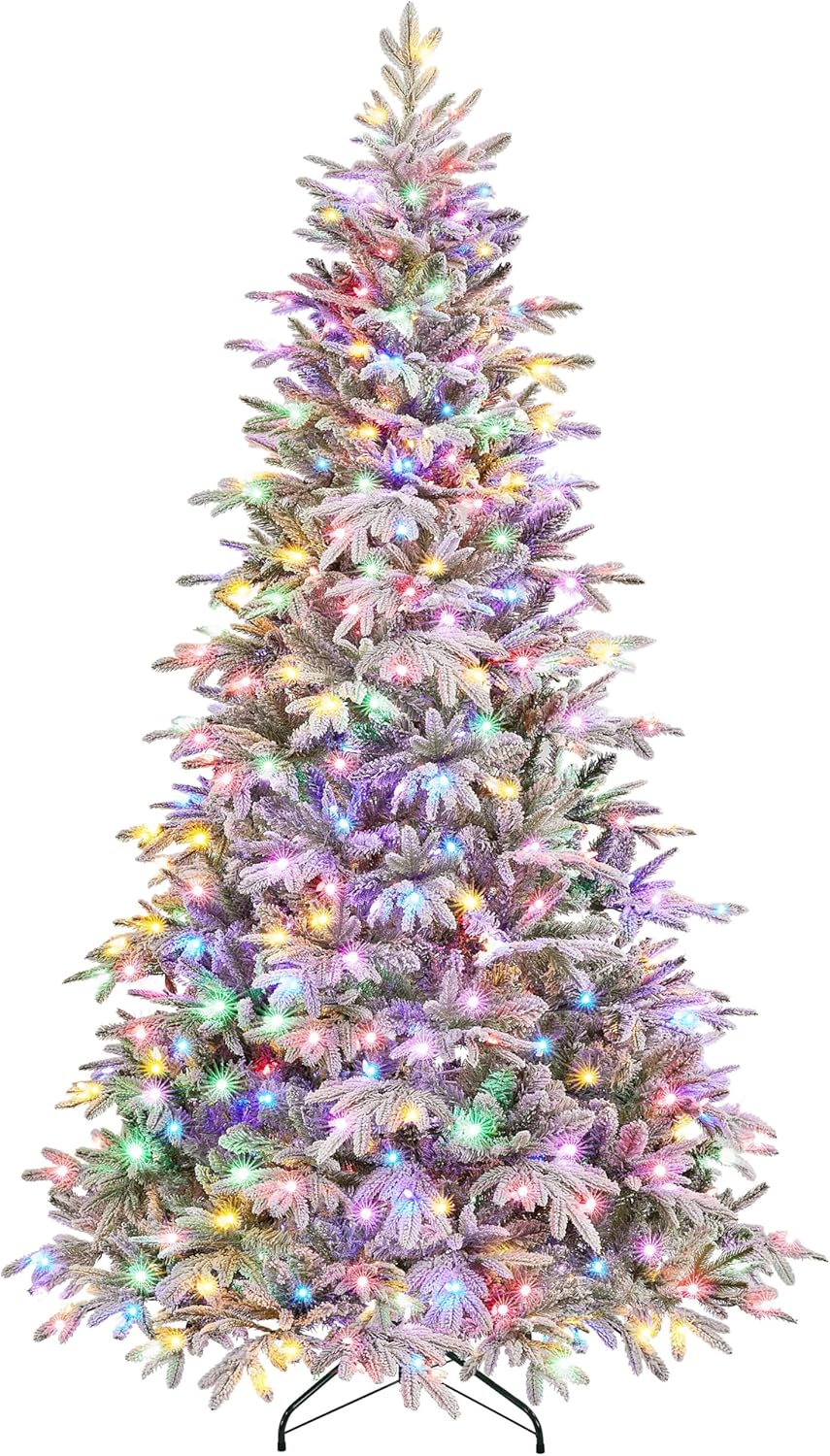 Yaheetech 7.5ft Pre-Lit Snow Flocked Aspen Christmas Tree with 750 Multicolored LED Lighting fixtures, 2136 PE & PVC Department Pointers, 9 Luminous Methods Lighted Manmade Noble Fir, Sleep Décor, Foldable Steel Be on one?s feet