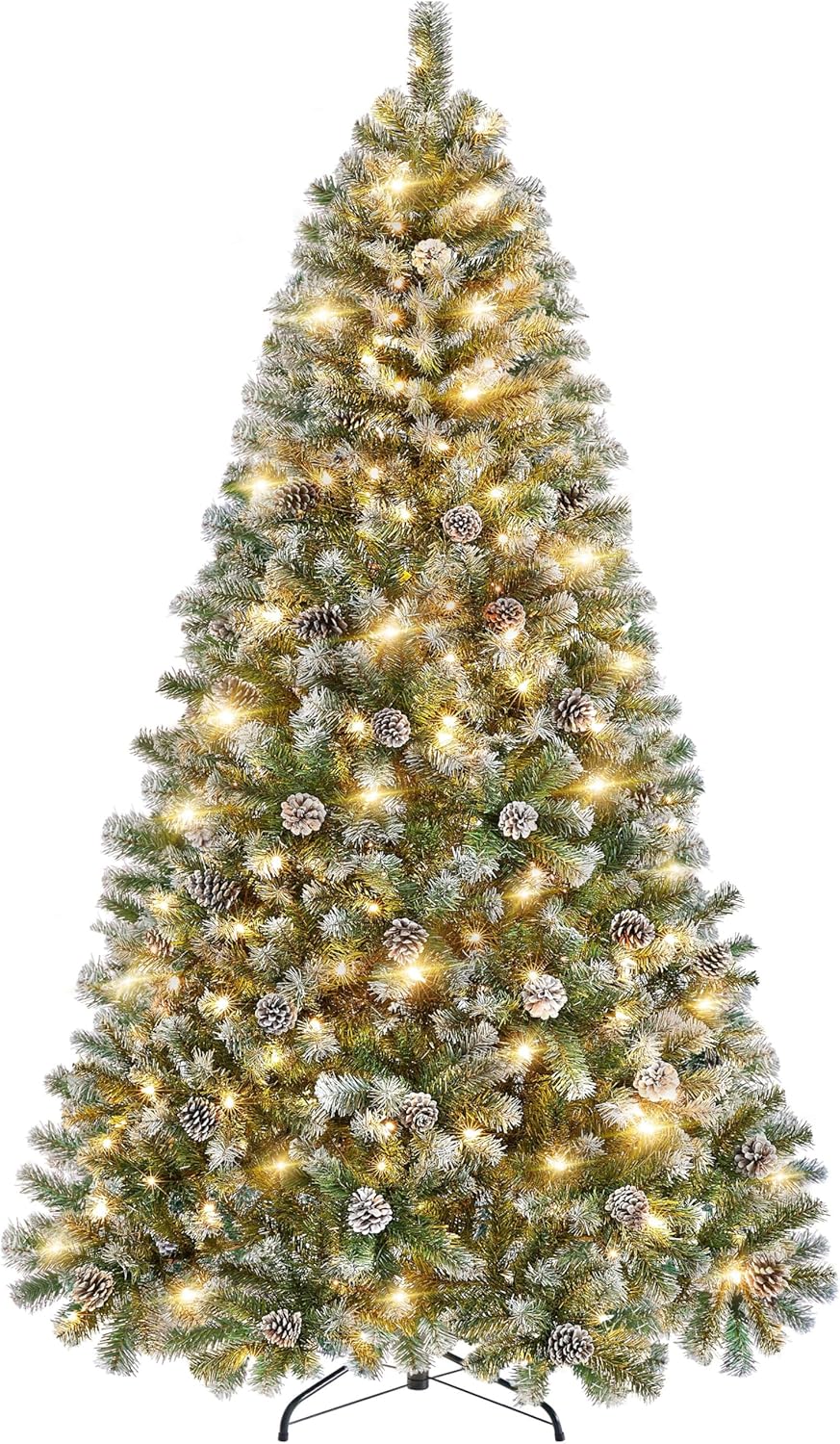 Yaheetech Pre-lit Christmas Tree, Snow Flocked Synthetic Christmas Tree with 82 Snow Pinecones & 1346 PVC Area Pointers & 500 Heat White Lighting fixtures, White & Inexperienced, 7.5ft